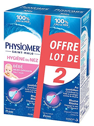 Physiomer Bébé Micro-diffusion - Spray nasal 100% eau de mer - Dispositif médical - Hygiène du nez - Rhume et Rhinite - à partir de 1 mois - Sans gaz propulseur et stérile – Lot de 2x115ml