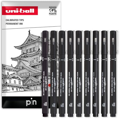 Uni Pin Fineliner Drawing Pen Set of 9 Black Ink with Different Nibs