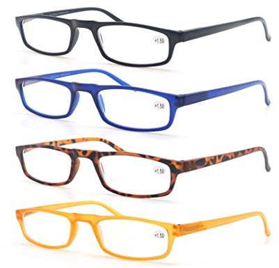 MODFANS Confezione da 4 Occhiali da Lettura 2.0 per Uomo/Donna, Cerniera a Molla,Leggera,Visione Chiara,Lente Trasparente con Custodia,Colore Nero-Blu-Marrone-Giallo