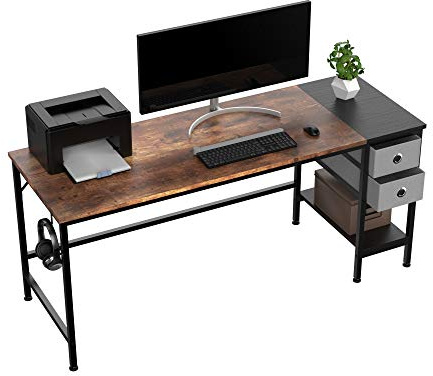 HOMIDEC 160 cm Computer Desk with 2 Drawers, Office Work Writing Desk with Headphone Hook for Student and Worker, Laptop Table with Shelves, Modern Style Desks for Home, Office(160x60x75cm)