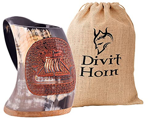 Divit Authentisches Wikingerhorn | Der Archaische Bierkrug | Königliches Flair; Trinken Sie Aus Einem Echten Ochsenhornbecher (Fenrir, Polished) (Ship, Polished)