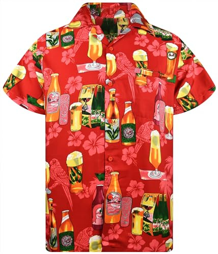 KING KAMEHA Camisa hawaiana para hombre, casual, con botones, manga corta, unisex, flores, playa, fiesta, cerveza, impresión, nuevo, Beerbottle Print Red, XXX-Large