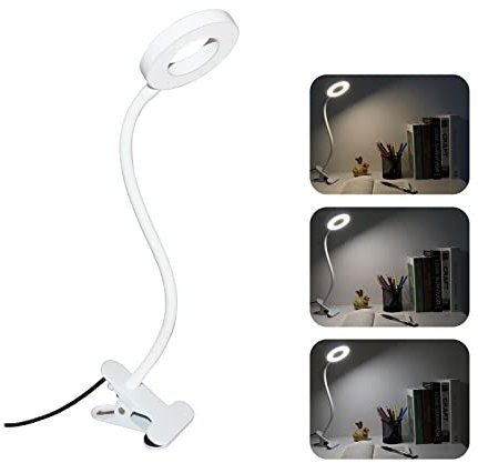 Akynite 48 LED Klemmleuchte mit 3 Farbwechsel und 10 Helligkeit, USB Schwanenhals Klemmlampe Flexibel mit Kabel, Leselampe Bett Kopfeil Klemme, Clip on LED Schreibtischlampe Weiss