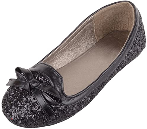 ABSOLUTE FOOTWEAR Childrens Kids Girls Easy Slip On Glitter Bow Design Ballerina Pumps - Black - UK Child 2 / EU 35