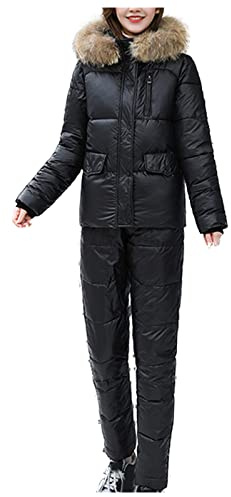 LZPCarra snödräkt för kvinnor, skidkläder i två delar, snowboardbyxor och snowboardjacka-skiddräkt, tvådelad skidjacka med päls, skidkläder set, skiddräkt för skidåkning, Aaskwarz, XL