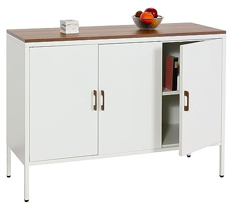 Mendler Kommode HWC-L84, Sideboard Schrank Anrichte, 3 Türen Metall 90x120x40cm, Melamin beschichtet - weiß