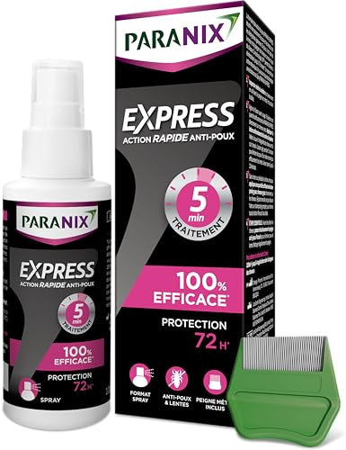 Paranix Spray Express 5 minutes - Lotion Spray Anti-Poux et Lentes 100% efficace : traite et protège – 100 ml – Peigne fin en métal inclus