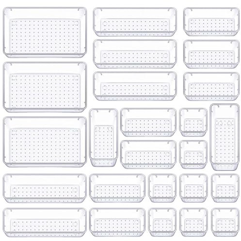Clear Versatile Drawer Divider Trays 25-Piece Set for Organizing Vanity, Bathroom, Kitchen, Office, Craft Room - Customizable Sizes - Non-Slip, Durable Plastic - Stackable Design - Easy to Clean