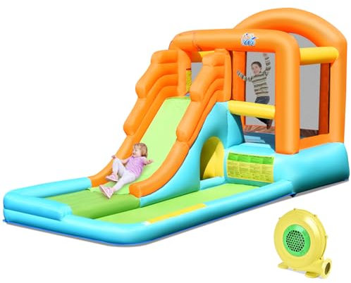 DREAMADE Château Gonflable pour Enfants, Aire de Jeux avec Toboggan Gonflable Aquatique, Mur d’Escalade & Piscine, pour Enfants de 3 à 10 Ans, Capacité de Charge Max 90 KG (avec Gonfleur 450W)