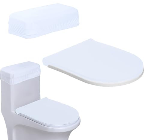 Toilet Lid Cover and Toilet Tank Cover,Elastic Edges, Soft Bathroom Covers for Standard Oblong Round Elongated Bath Room Bowl Lids, Washable (White)