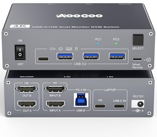 USB C KVM Switch 4K@60Hz, Dual Monitore KVM Switches für 1 PC und 1 Laptop mit 4 USB 3.0 Häfen, PD Stromversorgung für Laptop, Kabelfernbedienung, USB Kabel im Lieferumfang enthalten