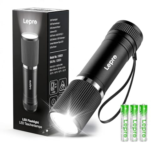 Lepro Torcia LED,Torcia LED Impermeabile IPX4 per Campeggio e Passeggiate con il Cane – Compatta, in Alluminio, 3 Batterie AAA Incluse – per Escursionismo e Emergenze