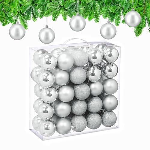 Relaxdays Julgranskulor i set om 50, plast, D: 6 cm, rund julgransdekoration, träddekorationer okrossbara, silver