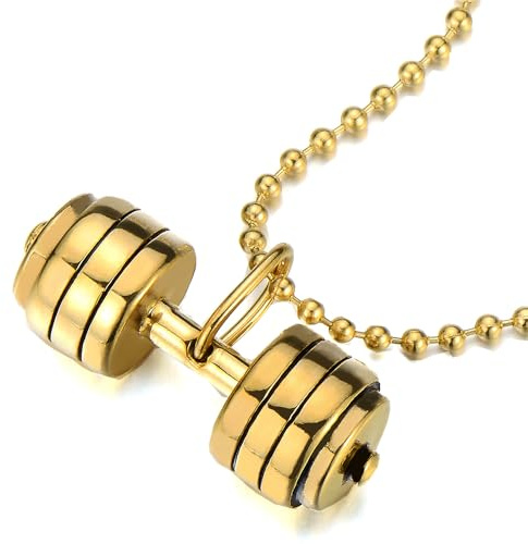 Guld Viktstång Gymnastikvikt Hänge, Herrhalsband, Rostfritt Stål, Boll Kedja 60 cm