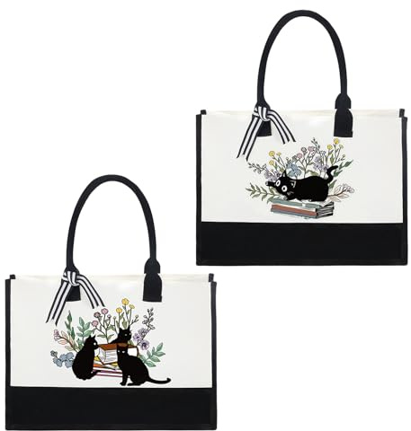 Cunegra Schwarze Katze Einkaufstasche Groß, Wiederverwendbare Stoffbeutel Bedruckt, Einkaufstasche für Frauen Mama Freunde, Aesthetic Geschenke für Katzenliebhaber, 43x19x30 cm