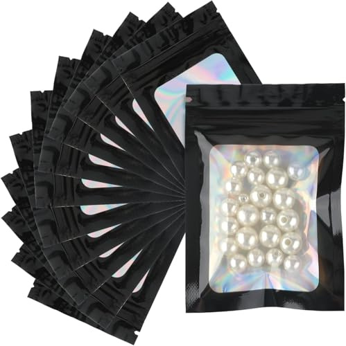 100 Piezas 7x10cm Bolsas Mylar Reseñables con Cremallera, Bolsa Holográfica con Ventana Transparente, Bolsas Holográficas de Mylar Negro, Hermético Bolsas Planas Zip Lock para Embalaje, Objetos