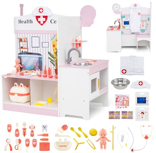 GYMAX Kids Doctor Play Set, Toy Medical Center with ECG Monitor, Body Parts Diagram, Faucet, Sink, Clock and 27 Accessories, Wooden Pretend Hospital Playset for 3+ Years Old (Pink+White)