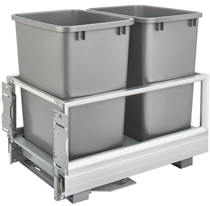 Rev-A-Shelf Double 35 Quart Pull Out Trash Can for Base Kitchen Cabinets, Storage Garage Bin on Wire Basket with Soft Close, Silver, 5149-18DM-217