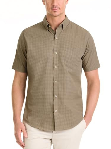 Van Heusen Men's Wrinkle Free Short Sleeve Button Down Shirt, Slim Fit No-Tuck Length, Comfortable Stretch Fabric, Aluminum, Large