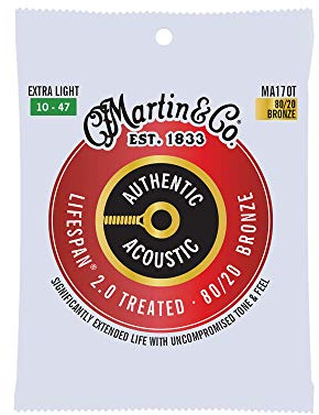 Martin Authentic Acoustic Guitar Strings, Lifespan 2.0 Treated, Extra Light, 80/20 Bronze