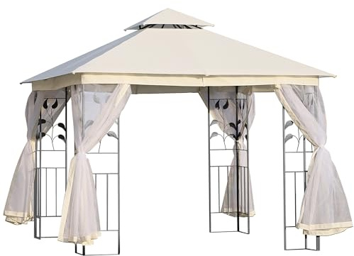 Outsunny Cenador de Jardín 3x3x2,8 m Gazebo Carpas para Exterior Grandes con Doble Techo Mosquiteras y Marco de Acero para Patio Fiesta Blanco