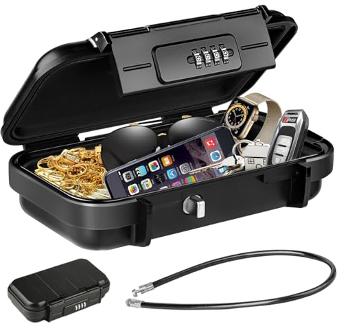HUANLANG Portable Safe Lock Box with Combination Lock Mini Beach Travel Safe Waterproof Small Lockable Boxs with Removable Wire Rope Combination Lock Box for Dorm,Travel,Beach,Hotel,Car,Home,Office