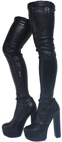 Bota sexy de doble plataforma gruesa sobre la rodilla, botas altas con hebilla sintética negra, estilo cinturón estilo muslo, Frankie Hsu de gran tamaño a la moda, botas largas y altas para mujeres y