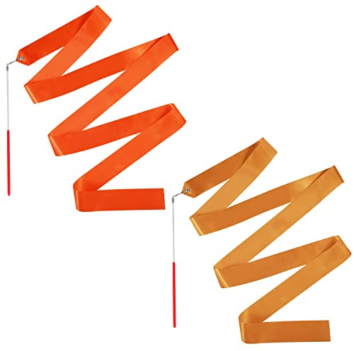 SAVITA 2PCS Dance Ribbons, 78.7 Inch Long Ribbon Streamers Gymnastics Ribbon Streamers with Ribbon Dancer Wand, Twirling Ribbons for Dancers, Play, Gymnastics, Training (Orange, Khaki)