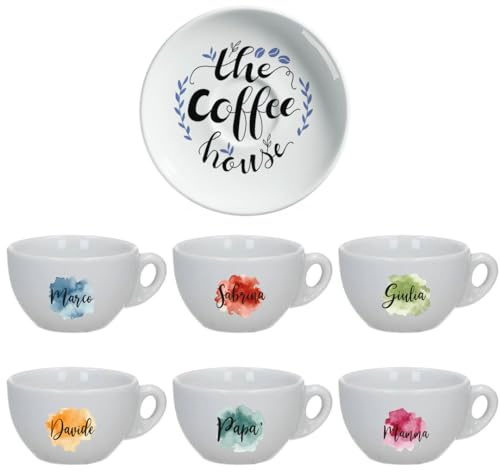 The Coffee House Set 6 Tazzine da Caffè + Piattini in Ceramica Personalizzati con Nomi e Scatola Rossa Idea Regalo Originale Compleanno Natale Feste Cucina Prima Colazione Mattina Arredo Casa Tavola
