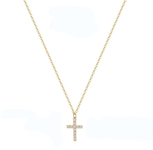 Lilbitty Chaîne en diamant pour femme, or 14 carats, croix, collier fantaisie
