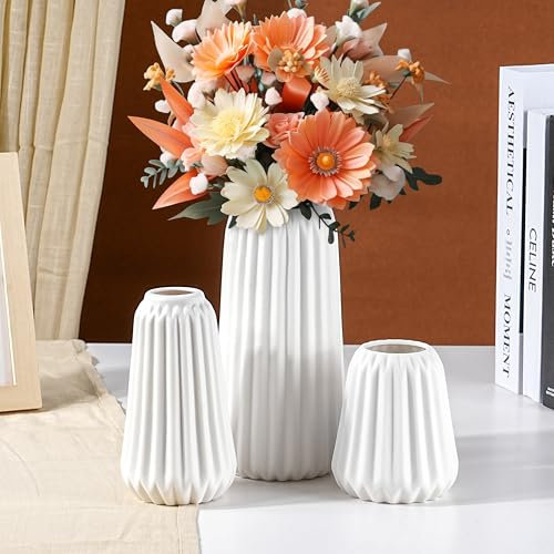 Winter Shore Keramik Vase Weiss Modern (3er-Pack) - Blumen-Vasen Deko - Vase Weiß für Tafelaufsätze - Einzigartige Geriffelte Vase Keramik - Vasen Tischdeko im Landhausstil - Blumenvase Weiß