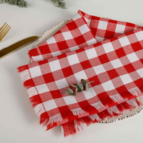 Rot Weiß karierte Stoffservietten mit Fransen Set von 8 Büffelkarierte Baumwollservietten waschbar übergroße Gingham-Servietten Weihnachten Abendessen Servietten für Hochzeit, Partys, Thanksgiving,