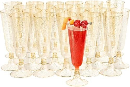 MATANA 24 Premium Plastic Champagne Flutes with Gold Glitter, 150ml - Reusable Champagne Glasses, Plastic Flutes, Prosecco Glasses for Cocktails, Wine, Dessert, Weddings, Birthdays, BBQ, Parties