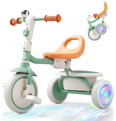 besrey Kids Tricycle with Flash Wheels for Ages 18 Months to 5 Years, Toddler Bike with Bell, Kids Tricycle, Trike for Toddlers, Green Flash