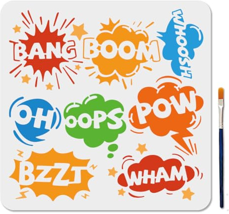 MAYJOYDIY Pochoirs Boîtes de Dialogue Pochoir pour Peinture Bandes Dessinées BOOM OOPS 30×30cm Modèle de Dessin Texte de Bande Dessinée avec Pinceau pour Bricolage Artisanat Sur Mur en Bois Décoration