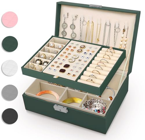 Eucomir Jewellery Box for Women, Travel Jewellery Box 2 Layers Large Jewelry Organizer Box PU Leather Jewelry Box for Girls Rings Bracelets Earrings Necklaces, Green