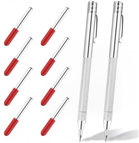 Lot de 10 stylos à pointe de traction, outil de marquage avec stylo en carbure de tungstène, avec 2 stylos à tracer et 8 pointes de rechange supplémentaires pour verre, céramique, plaques métalliques