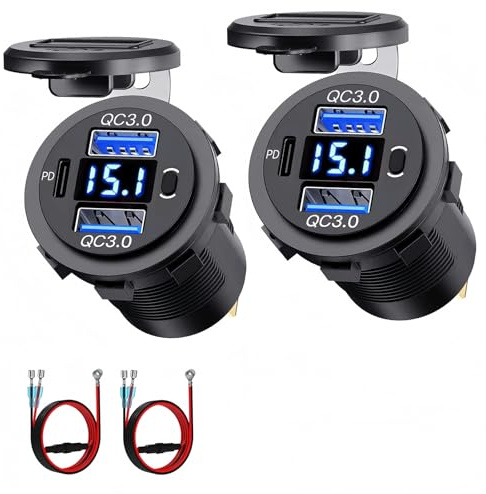 Intckwan 12V USB-laddare, 72W, Trippelport med Simultansnabbladdning (2xQC3.0 + PD) och Av/På-knapp, Inbyggd USB-dosa för 12-24V Bilar, Motorcyklar, Lastbilar, Båtar, Husvagnar (2-pack)