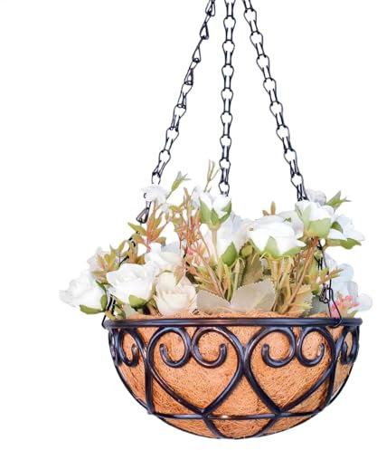 20 x 20 x 9 cm in metallo appeso fioriera cesto appeso con rivestimento in cocco cesto da appendere all'aperto supporto per piante rotondo con catena per patio prato giardino decorazione giardino
