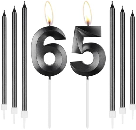 mciskin Obsidian 65:e födelsedagen ljusset, nummer 65 ljus med långa tunna ljus för tårta, 65:e födelsedagsdekorationer för män kvinnor, svart ljus obsidian tårtdekoration för festdekor