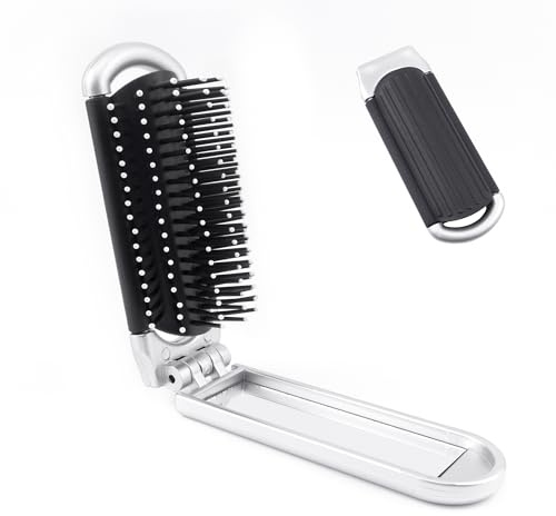 Ainkou Folding Hair Brush With Mirror, Small Compact Travel Portable Pocket Size Comb With Soft Bristles Styling Foldable Hairbrush for Travelling Swimming Gym Bag
