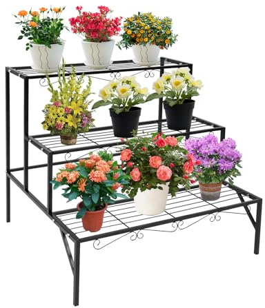 Dokiiovo Escalier à fleurs à 3 niveaux, étagère à plantes en métal, support pour plantes avec 3 niveaux, support de fleurs autoportant, escalier pour extérieur, intérieur, balcon, jardin, 70 x 58 x 60