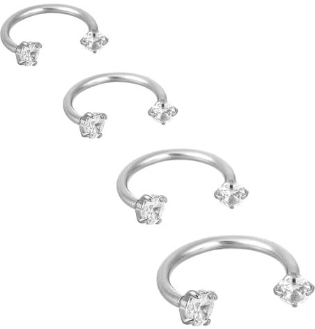 Mikovivi 4pcs Horseshoe Nose Rings, 316 Stainless Steel Double Septum Stud Nose Ring 16g Eyebrow Lip Hoops Cubic Zirconia Daith Piercing Jewellery Accessories for Women, Inner Diameter 6/8/10/12mm