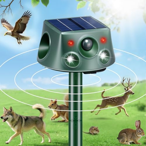 Repellente per Gatti, Ultrasonico Solare Alimentato Animale Deterrente per Giardino Piccioni, Uccelli, Topi, Volpi, 5 Modalità Regolabili Dissuasori per Piccioni fino a 12m, 13,5 kHz-65,5 kHz