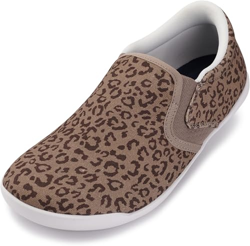 WHITIN Casual Wide Toe Box Barefoot Sneakers for Women Slip on Canvas Minimalist Zero Drop Sole Shoes Size 9 9W Width Comfy Leopard 40