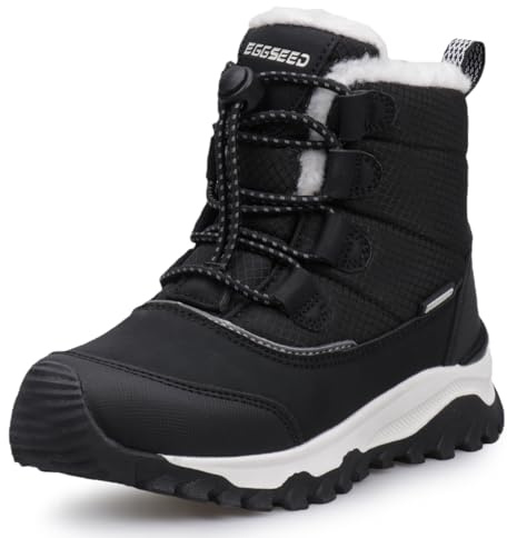 Eggseed Boys Winter Boots Mid-Calf Warm Slip-On Outdoor Shoes with Anti-Slip Sole Black Size 4UK 37EU
