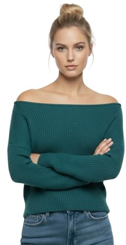 STAR FASHION Women’s Off Shoulder Chunky Knitted Crop Jumper Cable Knit Slash Neck Long Sleeve Cropped Pullover Sweater Winter Acrylic Oversized Baggy Knitwear Teal SM