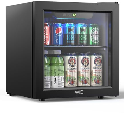 WIE Klein Kühlschrank mit Glastür, Getränkekühlschrank, 36L Kühlschrank Getränke für 55 Dosen, Kühlschrank mit LED, Mini Kühlschrank LED für Büro, Zimmer, Bar, Geräuscharm