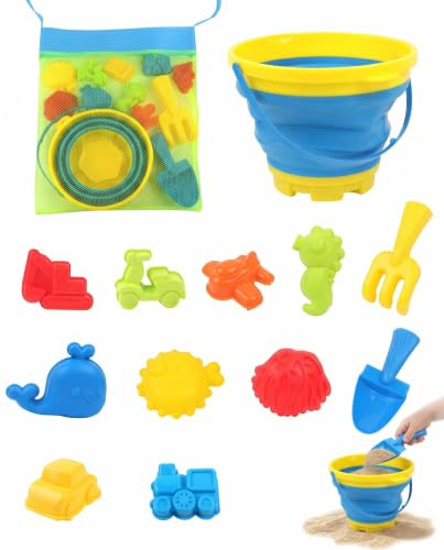 BTACGWP 13 Juguetes de Playa para Niños, Incluye Cubo Plegable y Bolsa de Malla, Juego de Arena Completo con Pala y Rastrillo