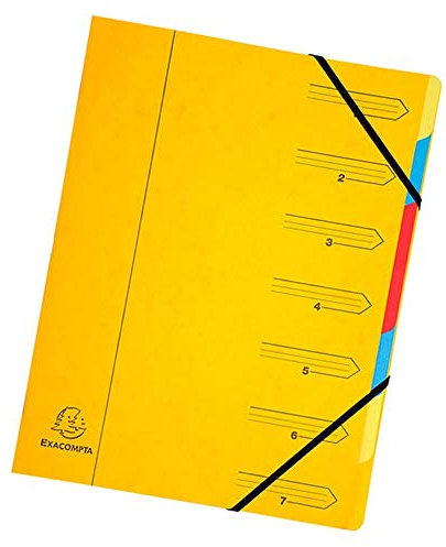 Exacompta 54079E Premium Ordnungsmappe geheftet. Aus extra starkem Colorspan-Karton DIN A4 7 vollfarbige bunte Fächer und 2 Gummizüge mit Organisationsdruck Ringmappe Register-Mappe gelb
